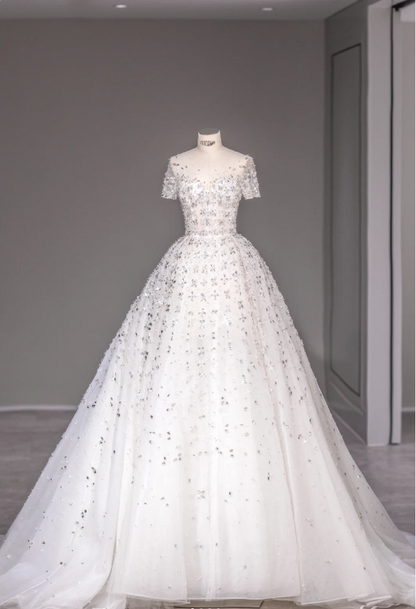 Round Neck Short Sleeve Backless A-Line Tulle Wedding Dress with Shiny Rhinestones P2868