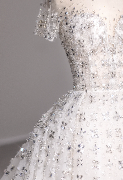 Round Neck Short Sleeve Backless A-Line Tulle Wedding Dress with Shiny Rhinestones P2868