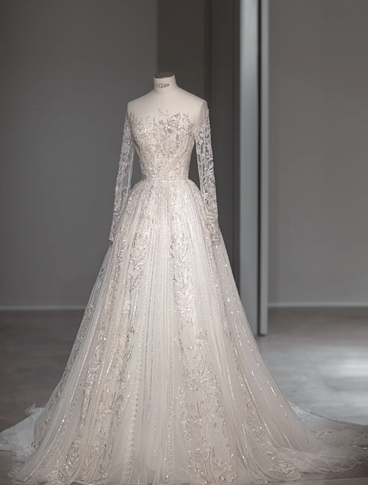 Vintage Elegant Long Sleeve Noble Open Back Tulle Wedding Dress P2870