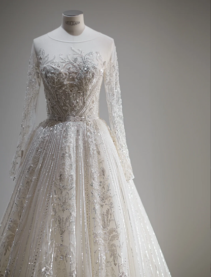 Vintage Elegant Long Sleeve Noble Open Back Tulle Wedding Dress P2870