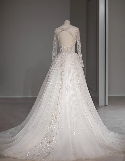 Vintage Elegant Long Sleeve Noble Open Back Tulle Wedding Dress P2870