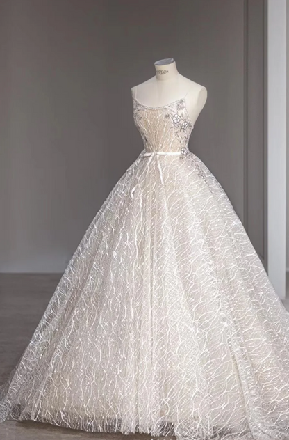 Elegant and simple white sling tulle floor-length wedding dress P2871