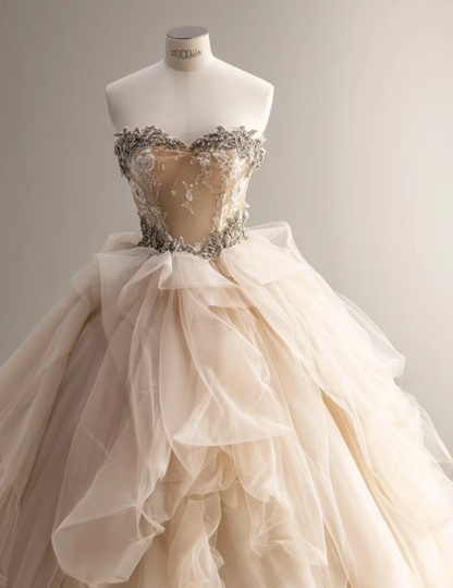 Elegant champagne color sweetheart neckline irregular pleated layered tulle A-line floor-length wedding dress P2872