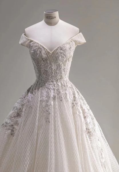 Vintage Lace Off-the-shoulder Chic Grid Floral A-line Wedding Dress P2873