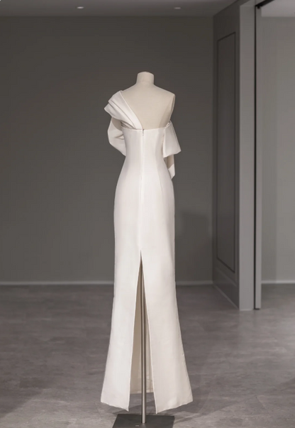Elegant and simple one-shoulder white satin bow back slit mermaid wedding dress P2875