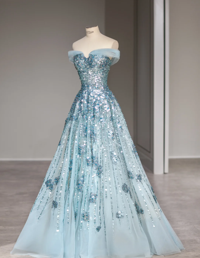 Dreamy Blue Sequined Off-the-shoulder A-line Wedding Dress with Waist P2877