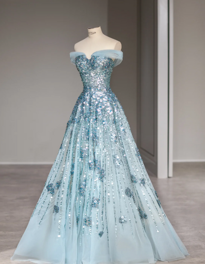 Dreamy Blue Sequined Off-the-shoulder A-line Wedding Dress with Waist P2877