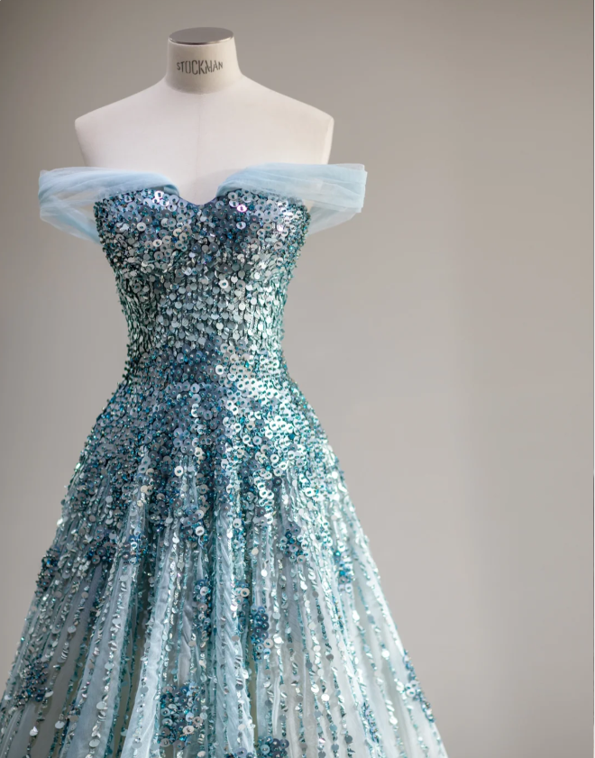 Dreamy Blue Sequined Off-the-shoulder A-line Wedding Dress with Waist P2877