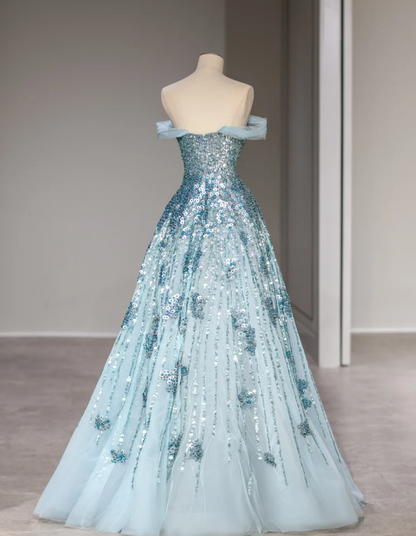 Dreamy Blue Sequined Off-the-shoulder A-line Wedding Dress with Waist P2877