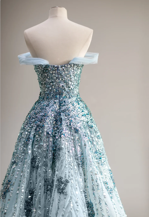 Dreamy Blue Sequined Off-the-shoulder A-line Wedding Dress with Waist P2877