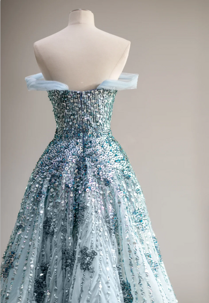 Dreamy Blue Sequined Off-the-shoulder A-line Wedding Dress with Waist P2877