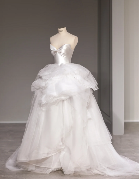 Bowknot tube top design multi-layer irregular tulle flowing wedding dress P2878