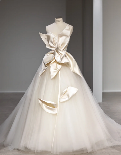 Elegant Satin Magnolia Tulle Splicing Fairy Floor-Length Wedding Dress P2879