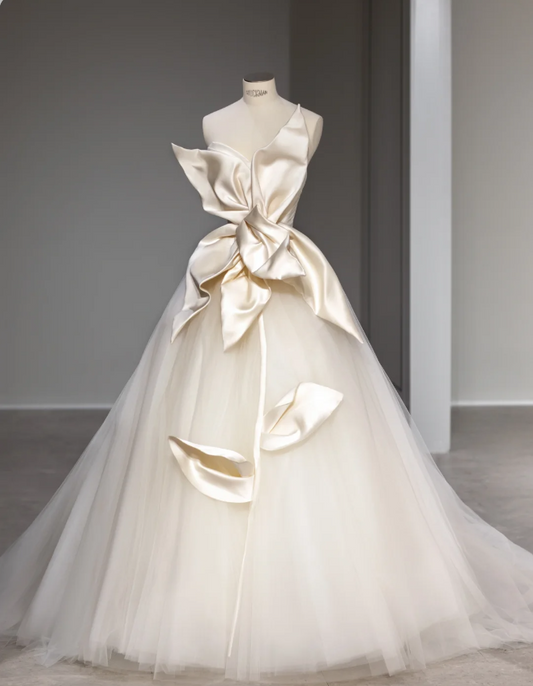 Elegant Satin Magnolia Tulle Splicing Fairy Floor-Length Wedding Dress P2879