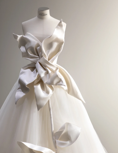 Elegant Satin Magnolia Tulle Splicing Fairy Floor-Length Wedding Dress P2879