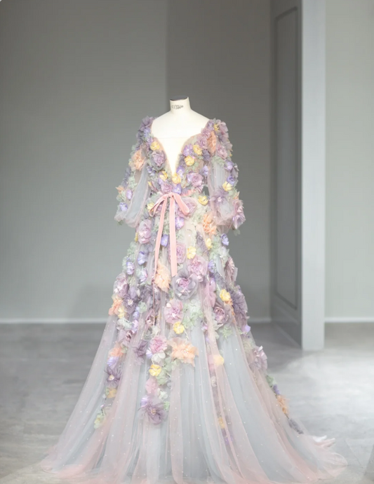 Dreamy Tulle Long Sleeve Pink and Purple Flower A-Line Wedding Dress P2880