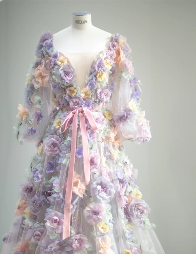 Dreamy Tulle Long Sleeve Pink and Purple Flower A-Line Wedding Dress P2880