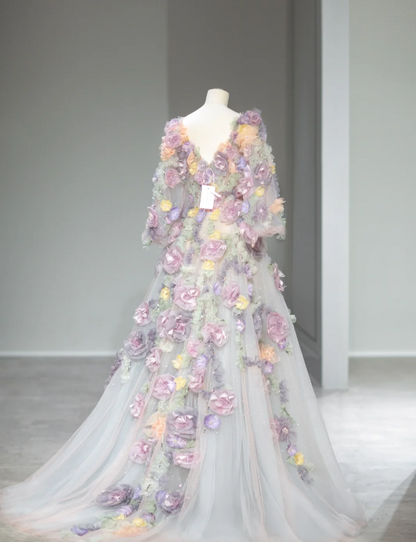 Dreamy Tulle Long Sleeve Pink and Purple Flower A-Line Wedding Dress P2880
