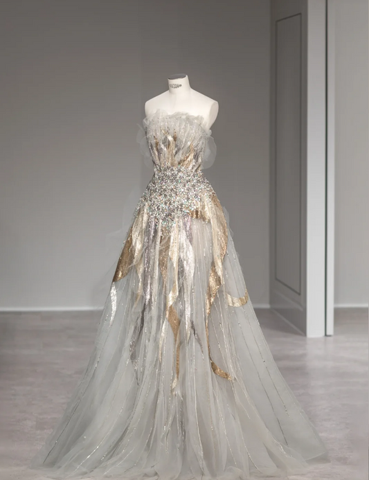 Star Grey Mysterious Elegant Beaded Gold and Silver Sequined Tulle Gorgeous Wedding Dress P2881