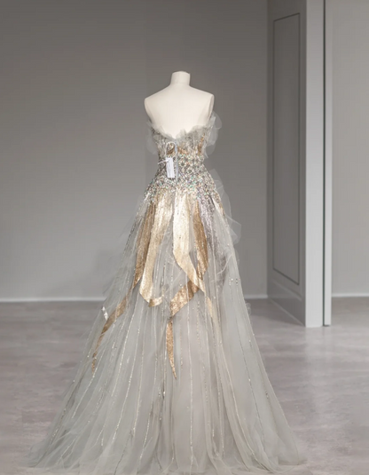 Star Grey Mysterious Elegant Beaded Gold and Silver Sequined Tulle Gorgeous Wedding Dress P2881