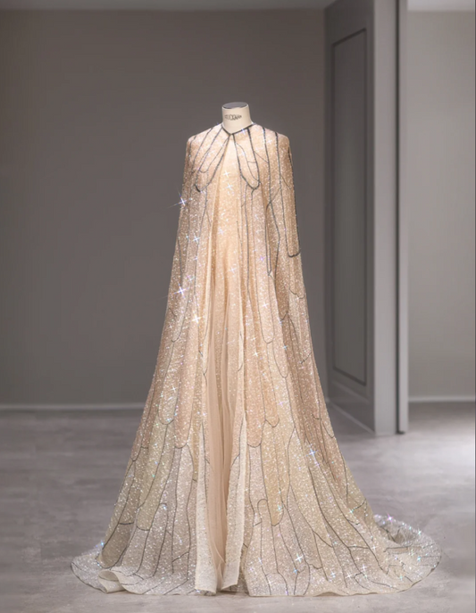 Starry Champagne Sequined Cape Fairy Wedding Dress P2882