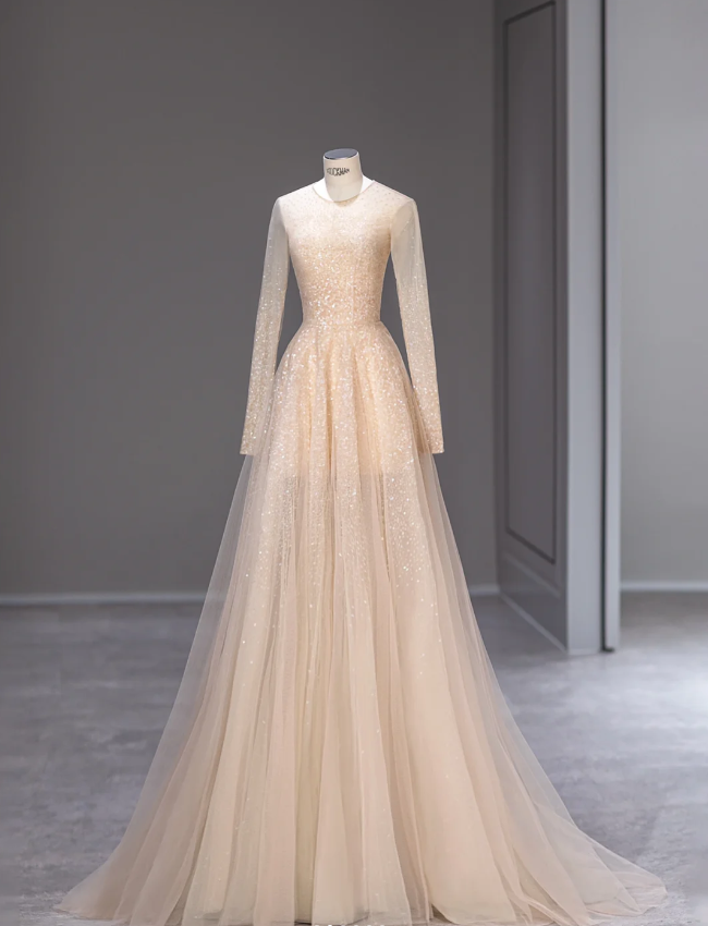 Starry Champagne Sequined Cape Fairy Wedding Dress P2882