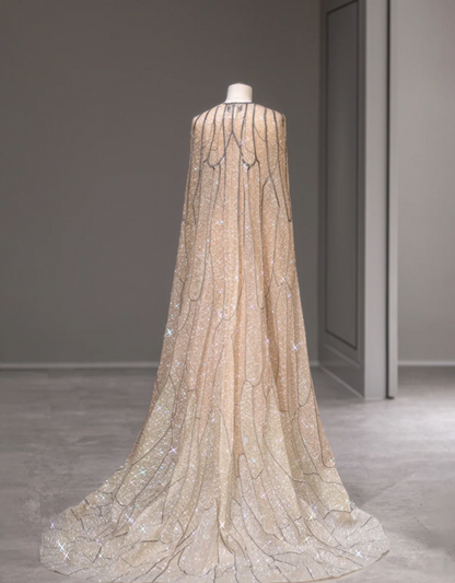 Starry Champagne Sequined Cape Fairy Wedding Dress P2882