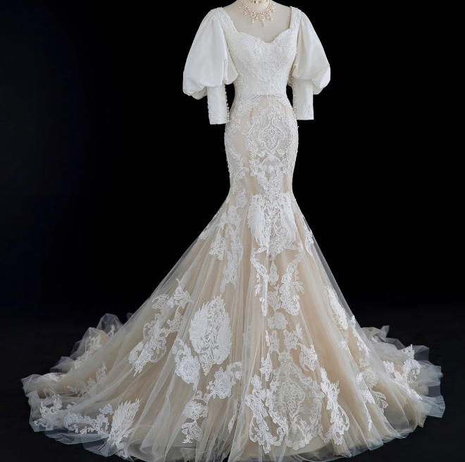 French retro palace white beaded lace princess dreamy floor-length wedding dress P2883