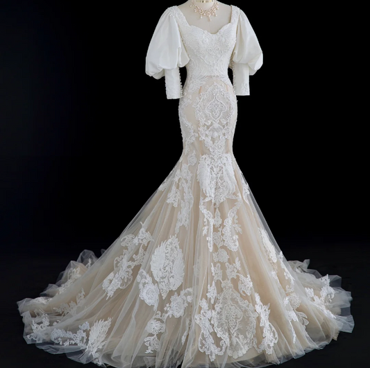 French retro palace white beaded lace princess dreamy floor-length wedding dress P2883