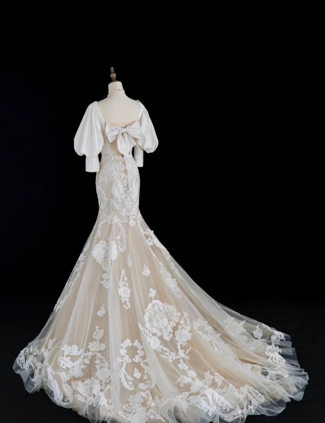 French retro palace white beaded lace princess dreamy floor-length wedding dress P2883