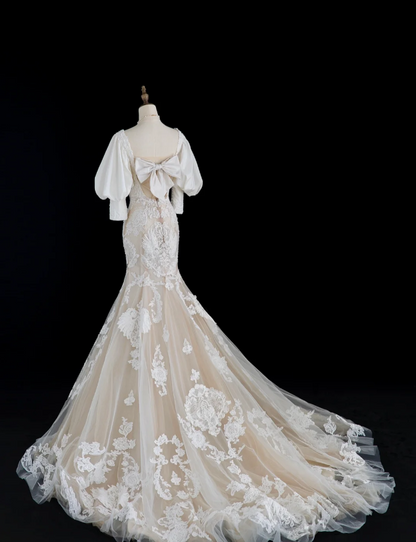 French retro palace white beaded lace princess dreamy floor-length wedding dress P2883