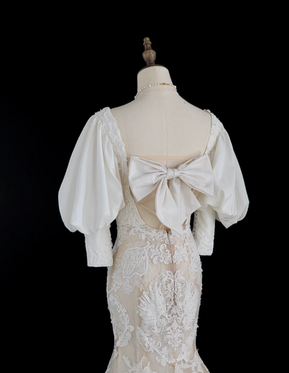 French retro palace white beaded lace princess dreamy floor-length wedding dress P2883