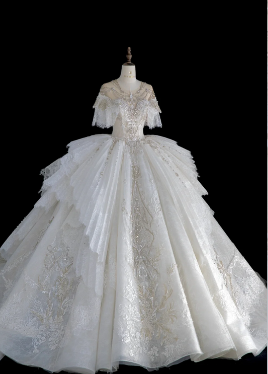 French Palace Lace Beaded Princess Floor-Length Wedding Dress P2884