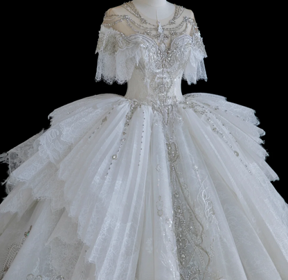 French Palace Lace Beaded Princess Floor-Length Wedding Dress P2884