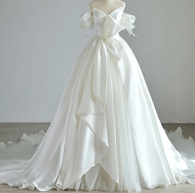 Elegant satin off-shoulder white wedding dress with train P2885