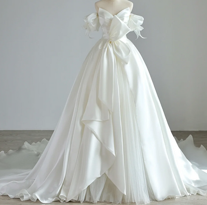 Elegant satin off-shoulder white wedding dress with train P2885