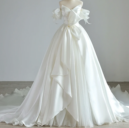 Elegant satin off-shoulder white wedding dress with train P2885