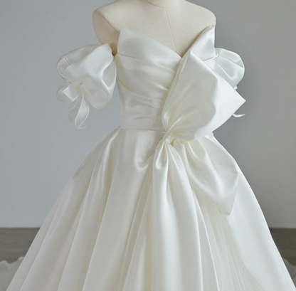 Elegant satin off-shoulder white wedding dress with train P2885