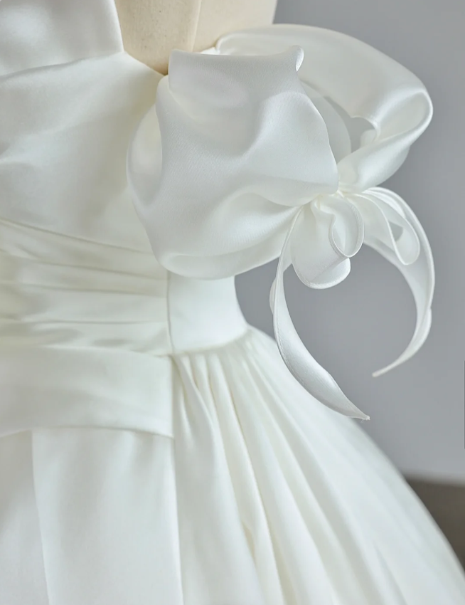 Elegant satin off-shoulder white wedding dress with train P2885