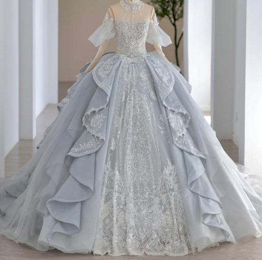 French Blue Sequin Beaded Off-the-shoulder Princess Tulle A-line Floor-length Wedding Dress P2886