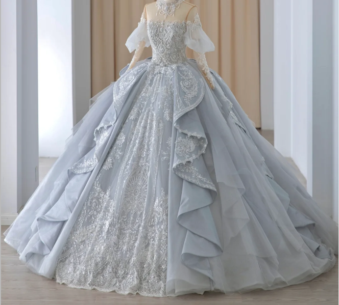 French Blue Sequin Beaded Off-the-shoulder Princess Tulle A-line Floor-length Wedding Dress P2886