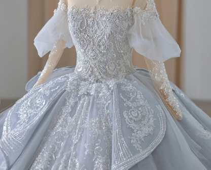 French Blue Sequin Beaded Off-the-shoulder Princess Tulle A-line Floor-length Wedding Dress P2886