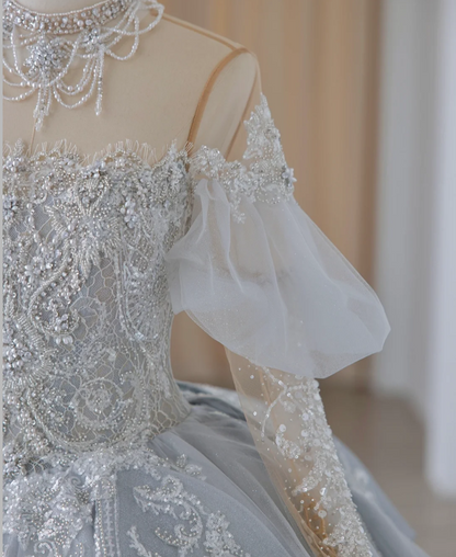 French Blue Sequin Beaded Off-the-shoulder Princess Tulle A-line Floor-length Wedding Dress P2886