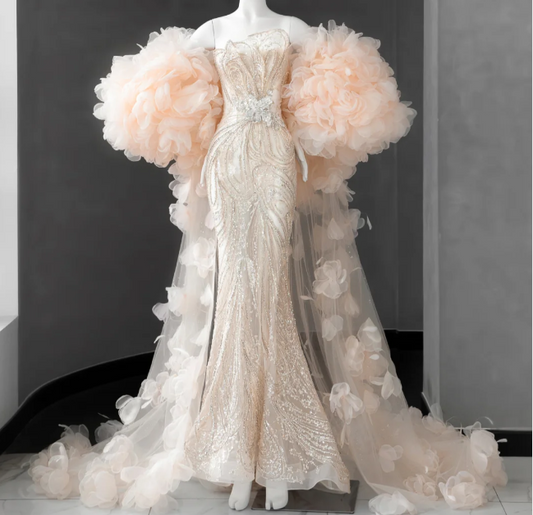 Elegant Champagne Pink Sequined Luxury Mermaid Wedding Dress P2888