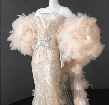 Elegant Champagne Pink Sequined Luxury Mermaid Wedding Dress P2888