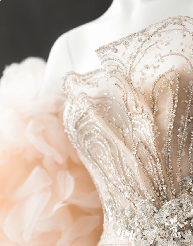 Elegant Champagne Pink Sequined Luxury Mermaid Wedding Dress P2888