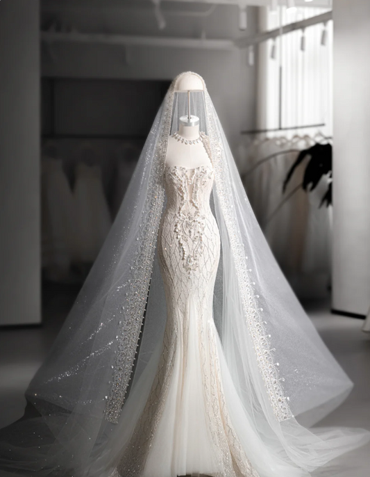 Shiny Mermaid Slim Tulle Sleeve Lace Wedding Dress P2889