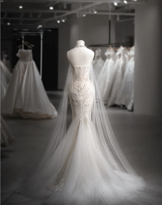 Shiny Mermaid Slim Tulle Sleeve Lace Wedding Dress P2889