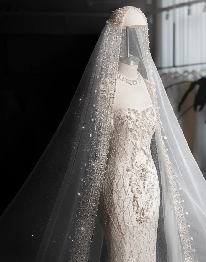 Shiny Mermaid Slim Tulle Sleeve Lace Wedding Dress P2889