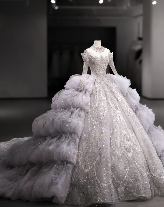 Gorgeous design purple crystal beaded princess fluffy floor-length wedding dress P2890